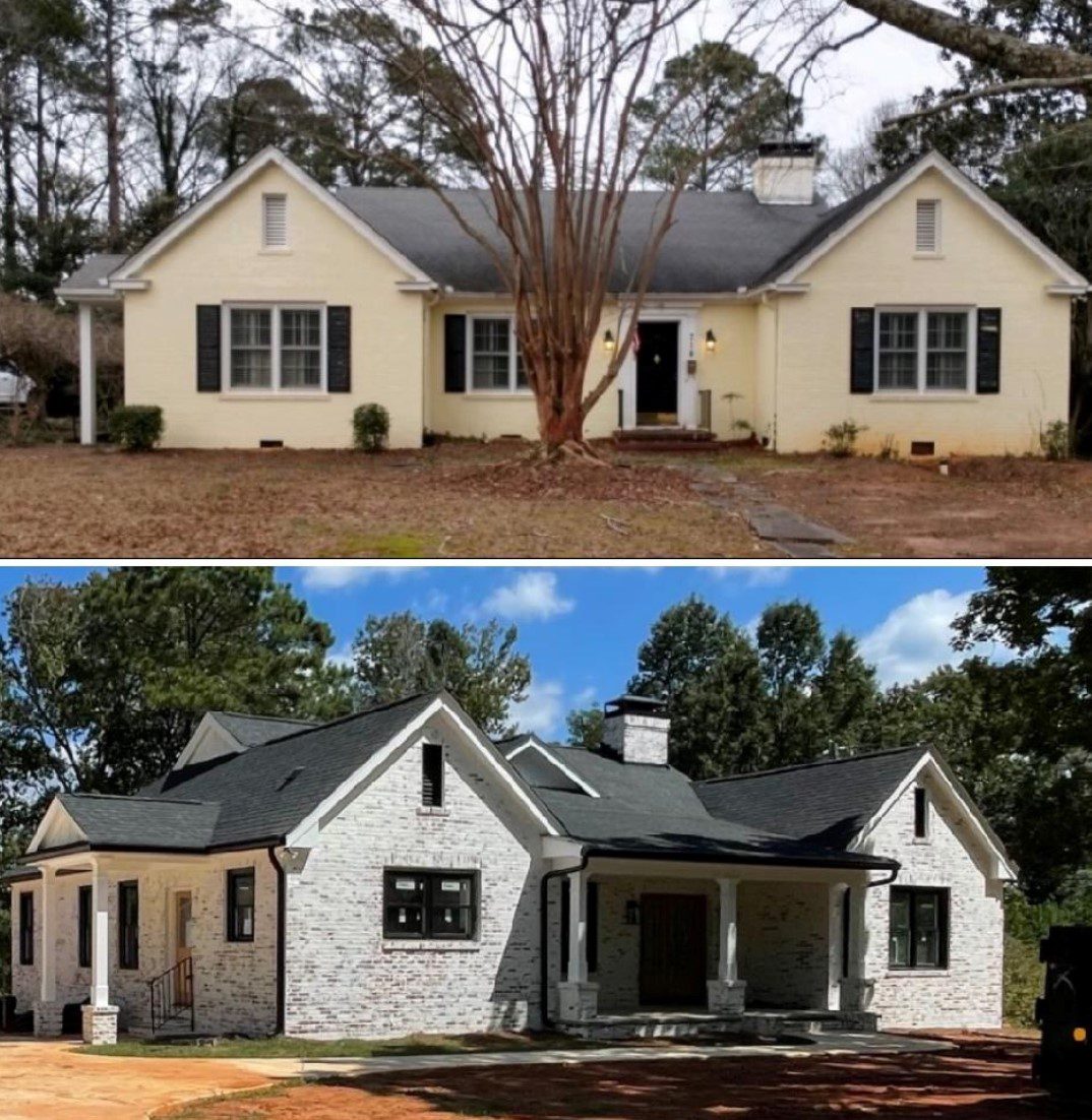 Screenshot_20230205_120317_Messages (2) Two images of a house: the top image shows a one-story brick house with a central entrance and trees in the background. The bottom image shows the same house after renovation with a modern exterior.